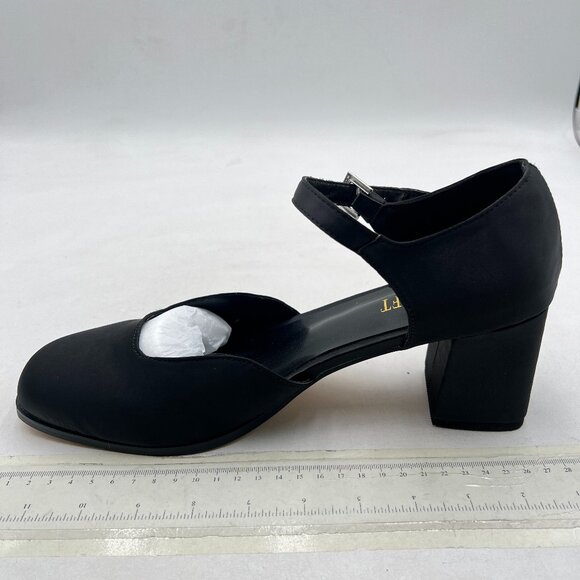 miss left Black Satin Square Toe Adjustable Ankle Buckle D'Orsay Pumps - Picture 2 of 8